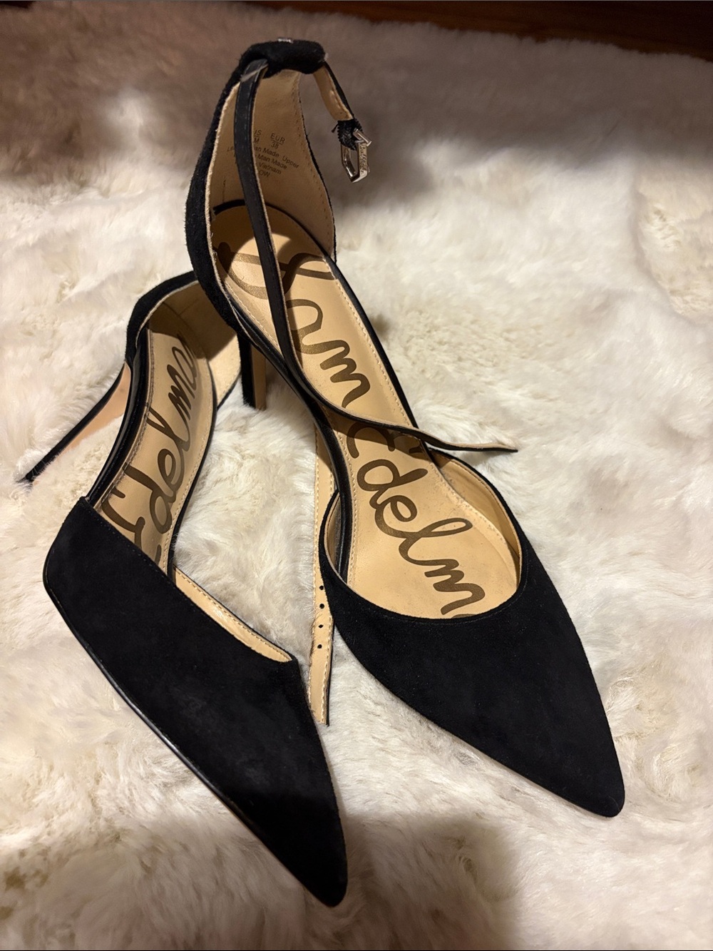 Sam Edelman Black Suede Pointed-Toe Ankle-Strap Heels